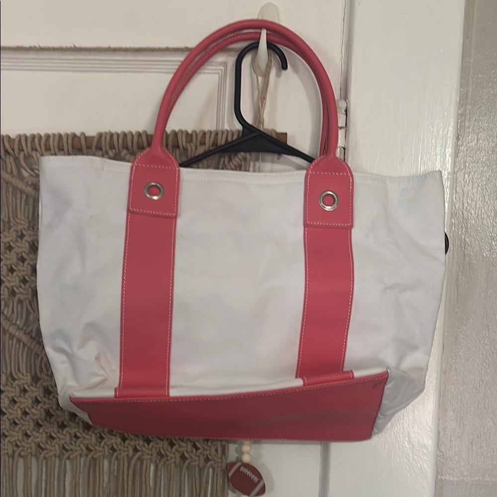 Clinique White Canvas Tote with Pink Trim and Handles